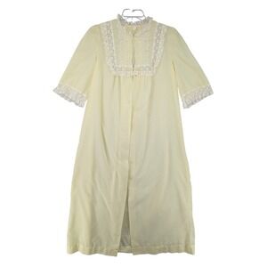 Med Vintage Pale Yellow Lace Embroidered Barbizon Nightgown Robe Maxi